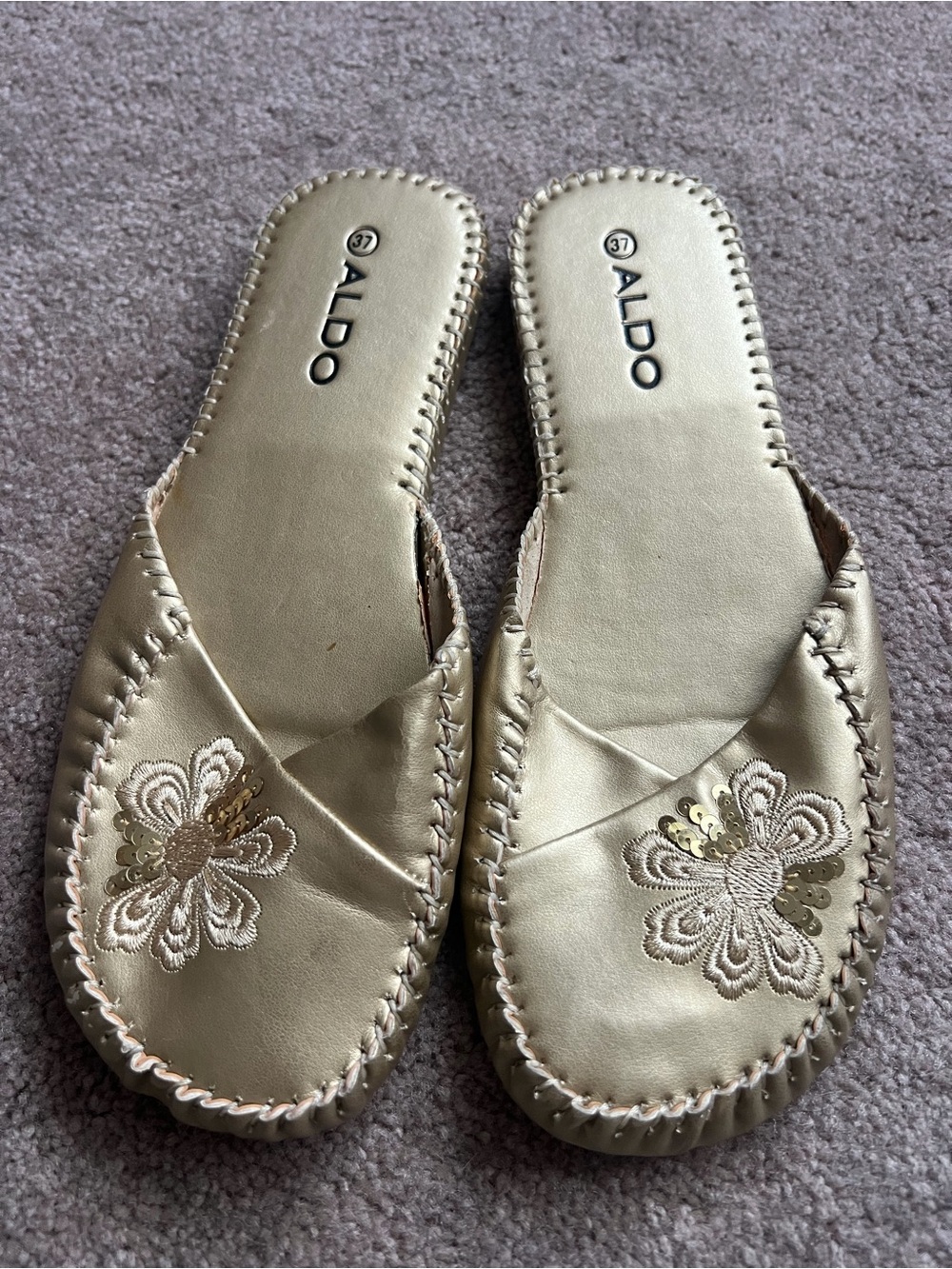 Aldo Metallic Gold Embroidered Slip-On Mules